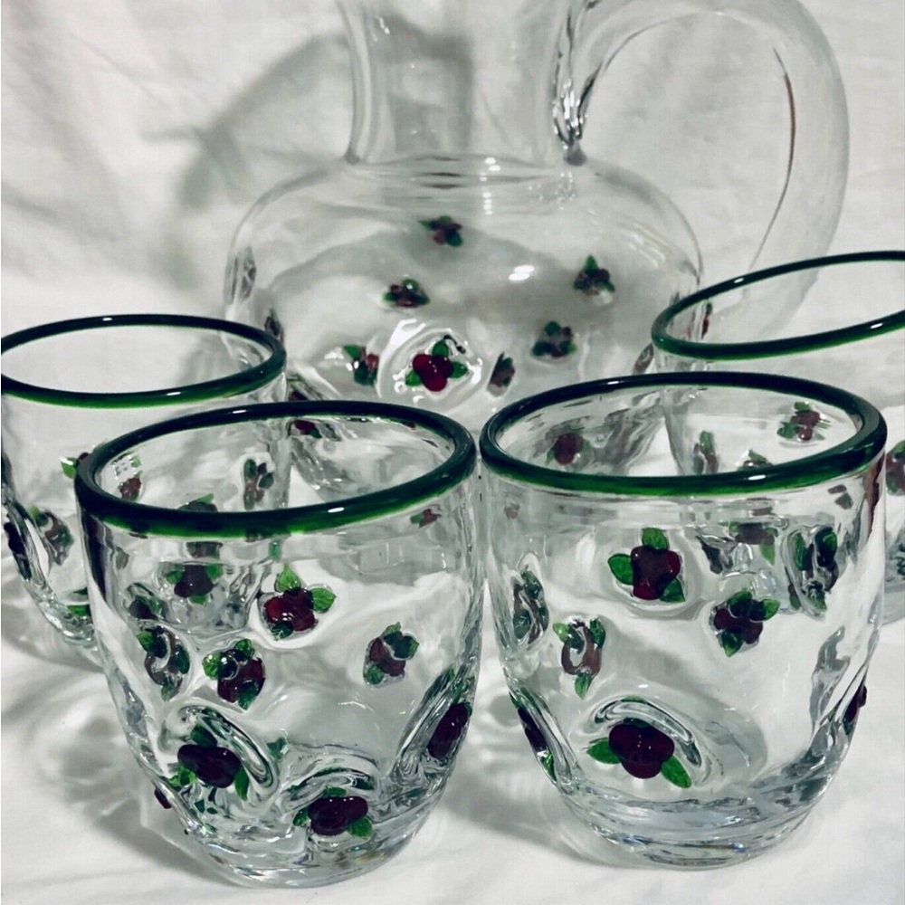 MacKenzie-Childs cocktail drink Glasses pitcher 4 glasses Set flower Accents
